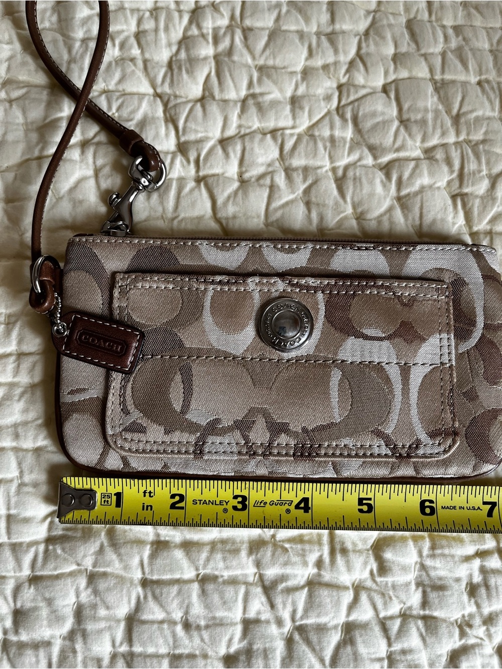 Coach Small Signature Wristlet in Taupe and Brown